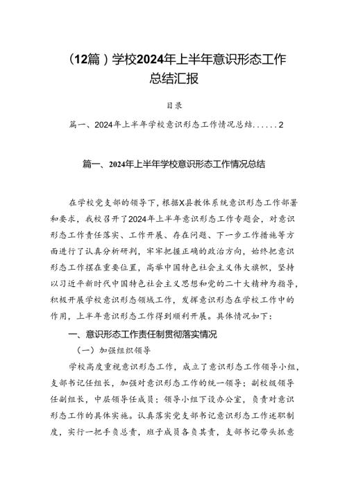 （12篇）学校2024年上半年意识形态工作总结汇报.docx