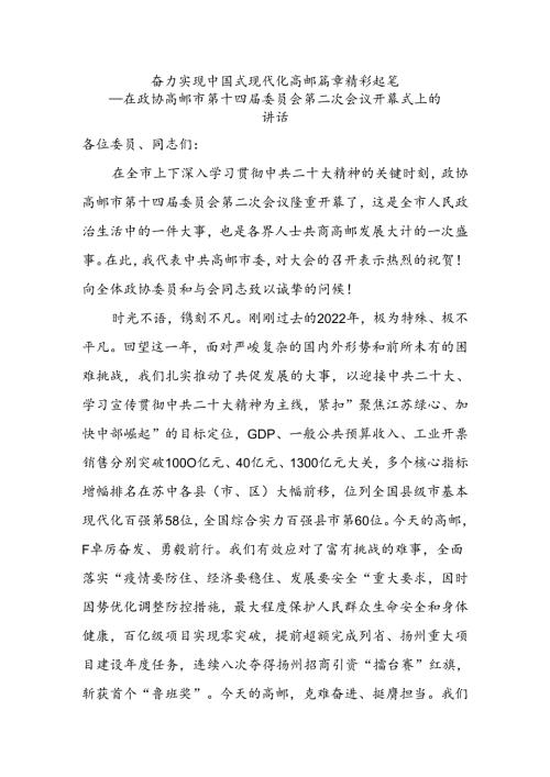 奋力实现中国式现代化高邮篇章精彩起笔——在政协高邮市第十四委员会第二次会议开幕式上的讲话.docx