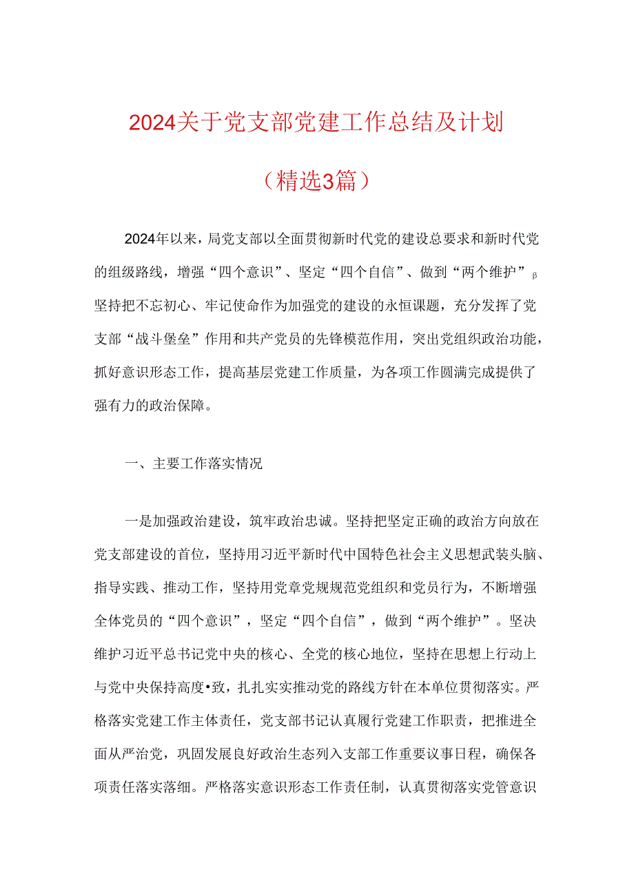2024关于党支部党建工作总结及计划.docx_第1页