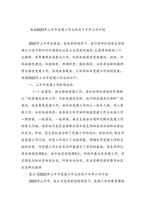 X局2023年上半年党建工作总结及下半年工作计划（共10篇）.docx