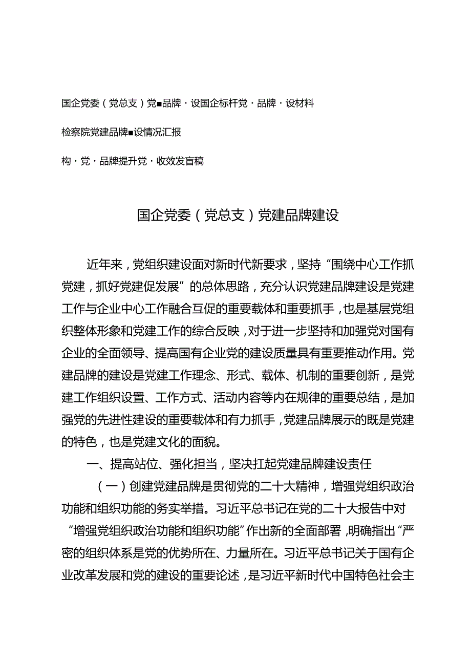 4篇 国企党委（党总支）党建品牌建设材料发言稿、检察院党建品牌建设情况汇报.docx_第1页