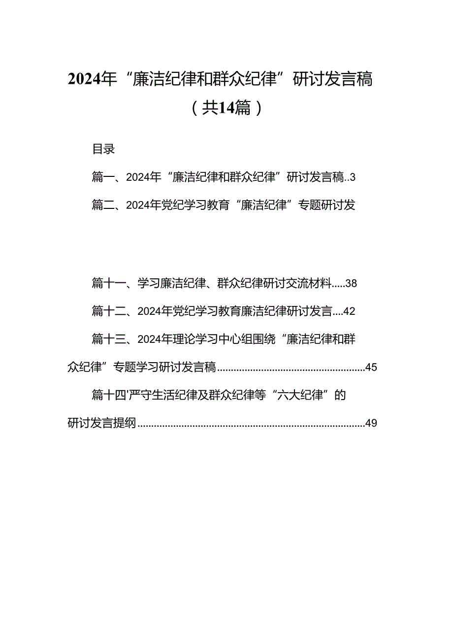 2024年“廉洁纪律和群众纪律”研讨发言稿14篇（详细版）.docx_第1页