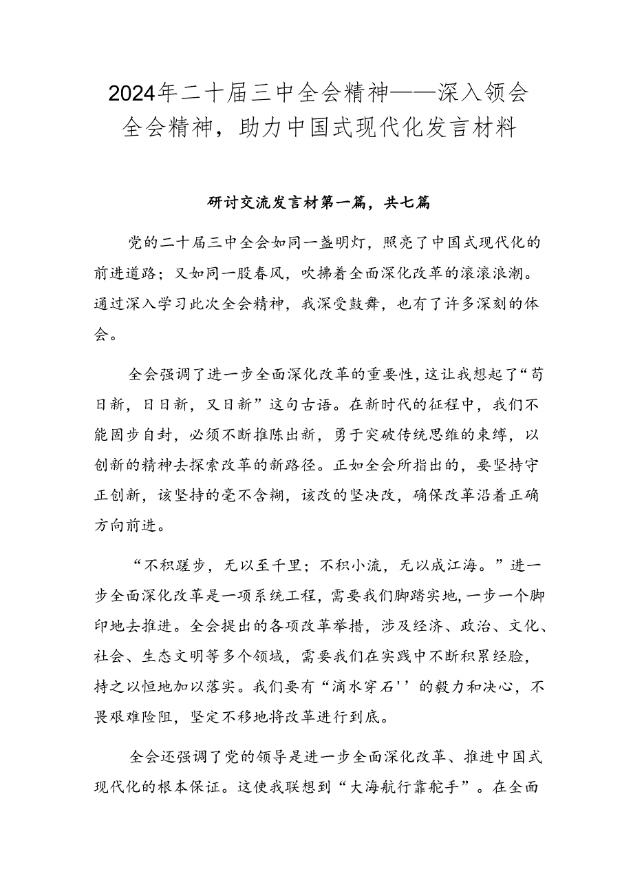 2024年二十三中全会精神——深入领会全会精神助力中国式现代化发言材料.docx_第1页