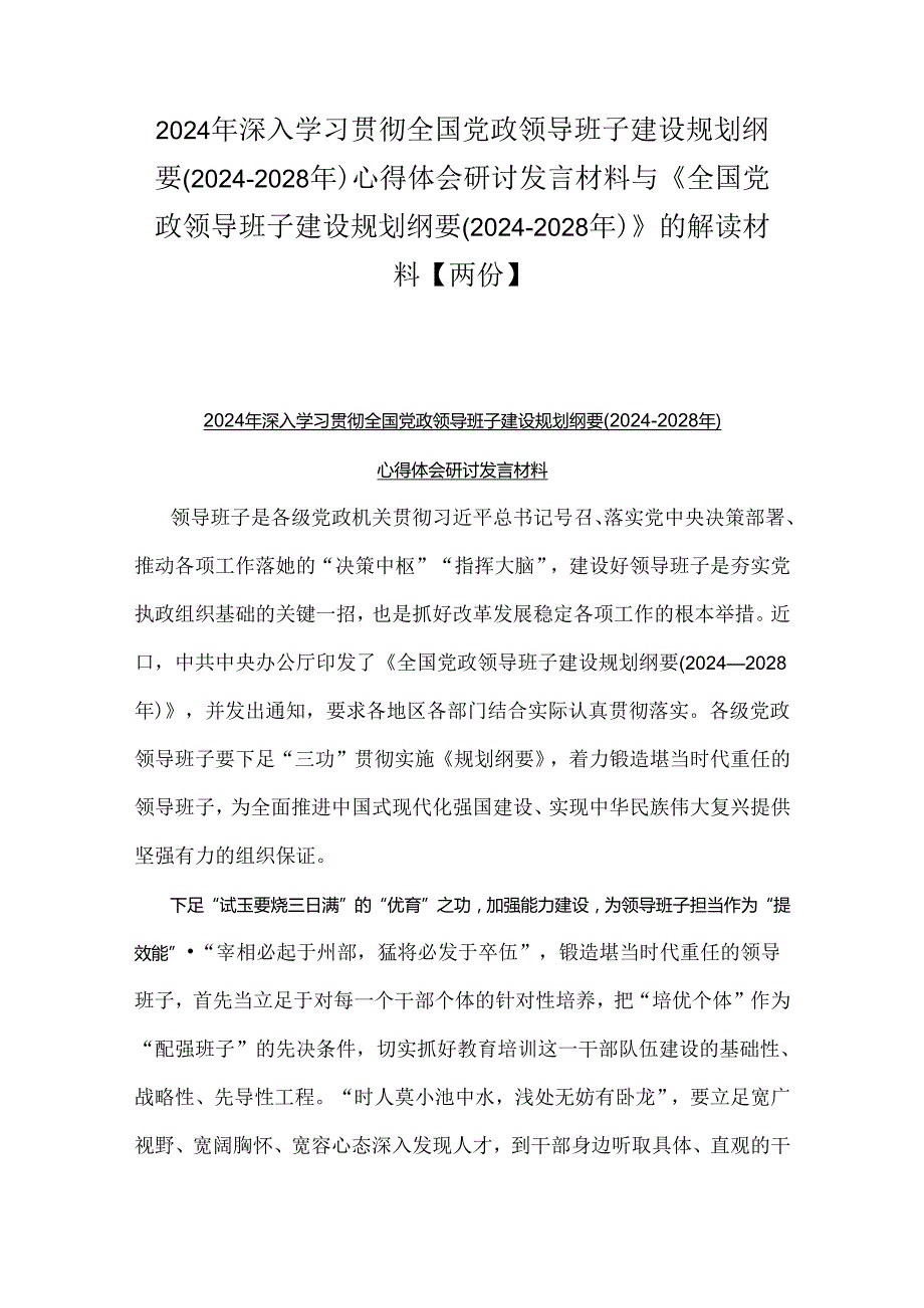 2024年深入学习贯彻全国党政领导班子建设规划纲要(20242028年)心得体会研讨发言材料与《全国党政领导班子建设规划纲要(20242028年)》的.docx_第1页