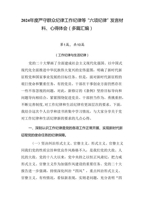 2024严守群众纪律工作纪律等“六项纪律”发言材料、心得体会（多篇汇编）.docx