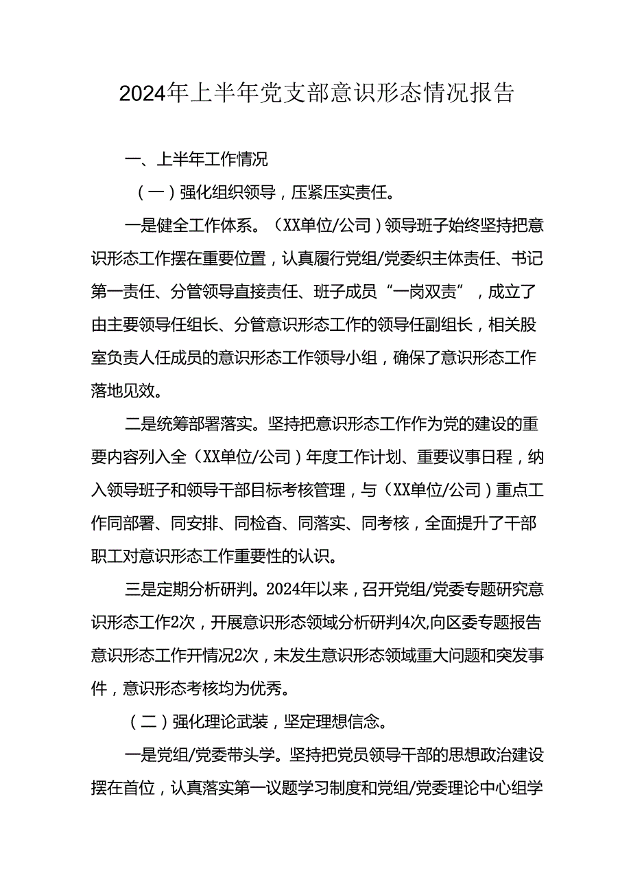 开展2024年上半年党支部意识形态情况工作汇报 汇编6份.docx_第1页