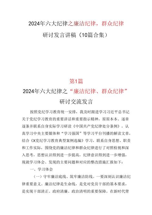 支部“廉洁纪律群众纪律”发言材料心得体会10篇合集.docx
