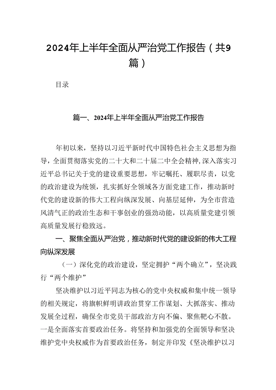 2024上半年全面从严治党工作报告（共9篇）.docx_第1页