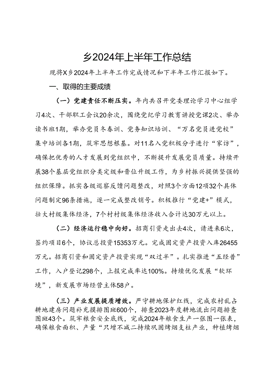 乡2024年上半年工作总结(1).docx_第1页