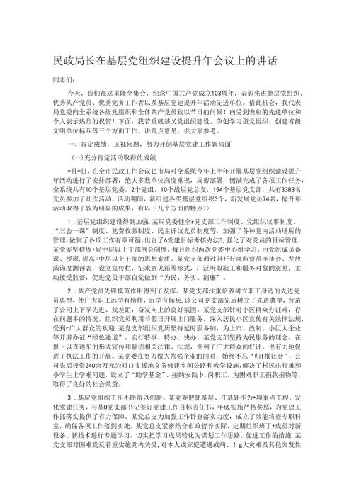 民政局长在基层党组织建设提升年会议上的讲话.docx