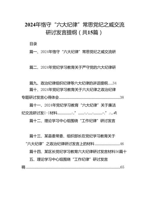 2024年恪守“六大纪律”常思党纪之威交流研讨发言提纲范文15篇（精选）.docx