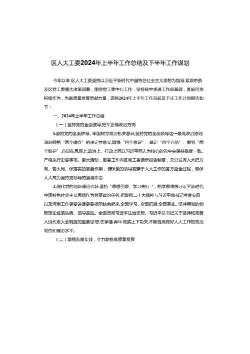 区人大工委2024年上半年工作总结及下半年工作谋划(1).docx