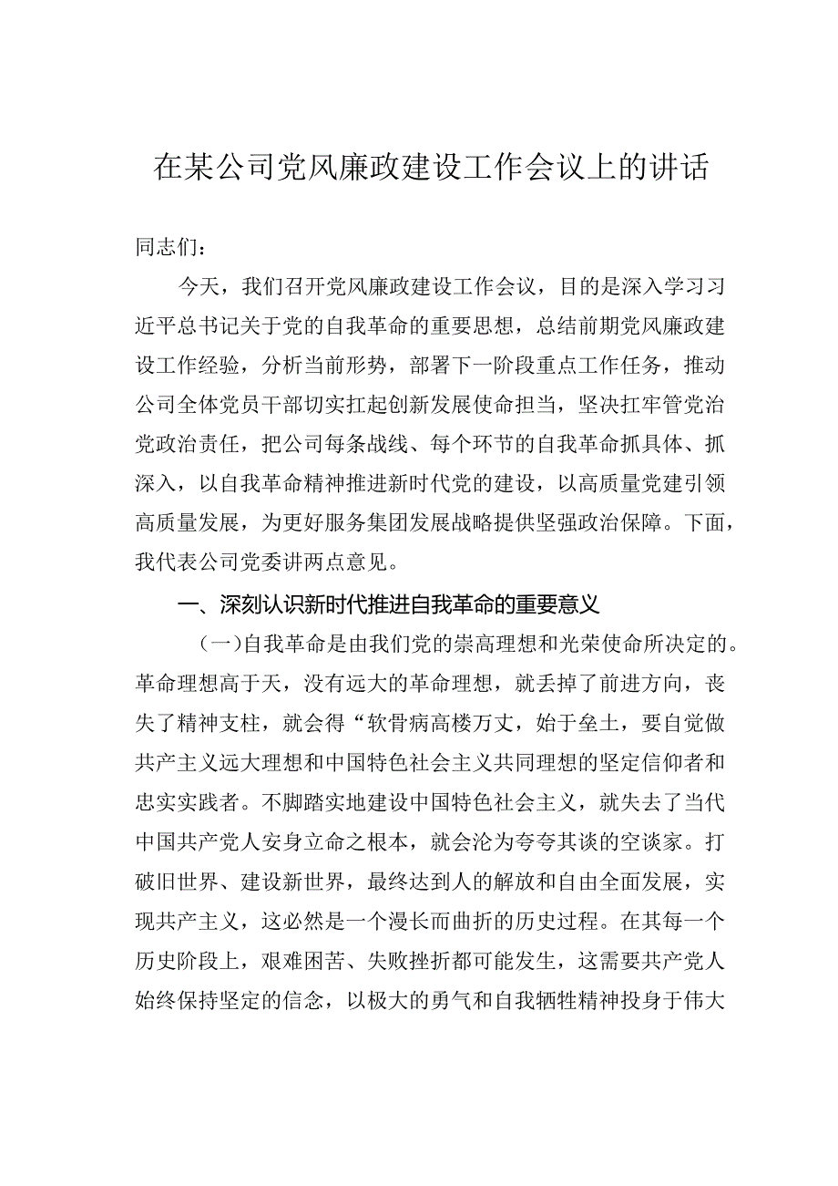 在某公司党风廉政建设工作会议上的讲话.docx_第1页