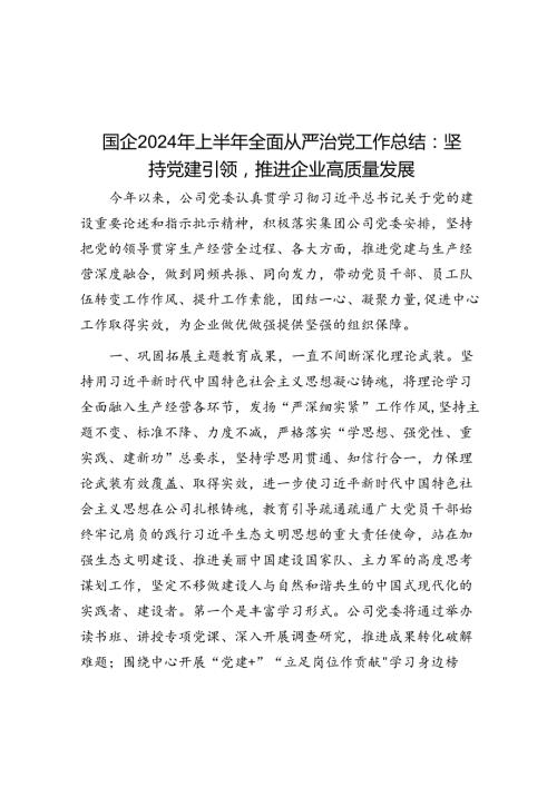 国企2024年上半年全面从严治党工作总结：坚持党建引领推动企业高质量发展(1).docx