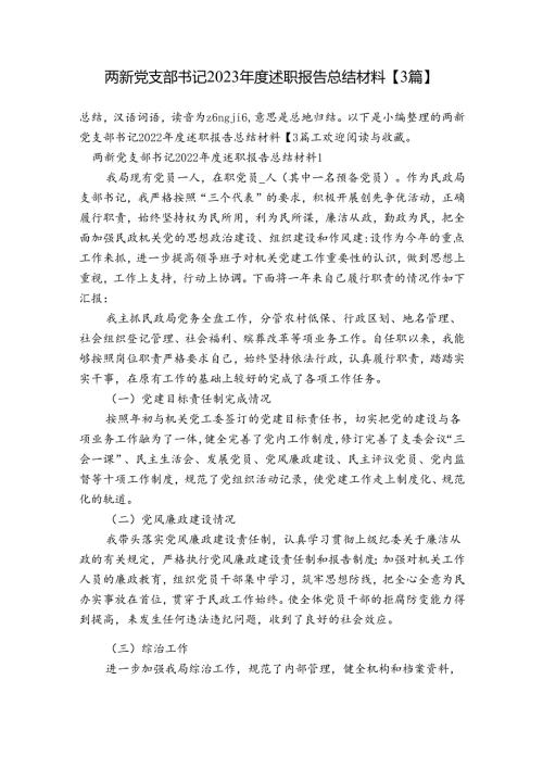 两新党支部书记2023述职报告总结材料【3篇】.docx