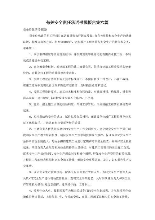 有关安全责任承诺书模板合集六篇.docx