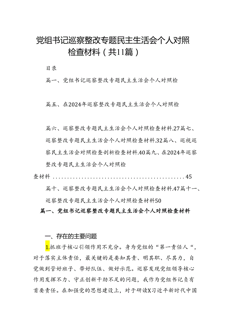 （11篇）党组书记巡察整改专题民主生活会个人对照检查材料模板.docx_第1页