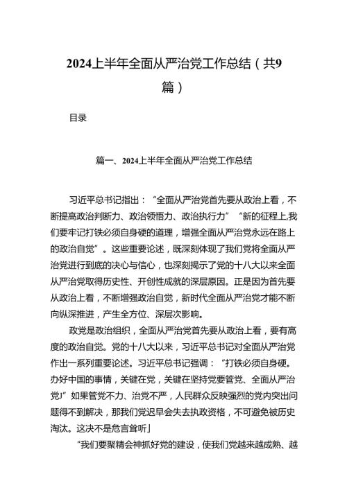 2024上半年全面从严治党工作总结9篇供参考.docx