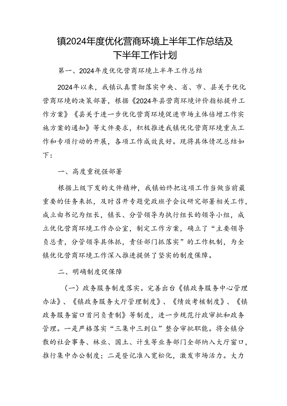 乡镇2024优化营商环境上半年工作总结及下半年工作计划.docx_第1页