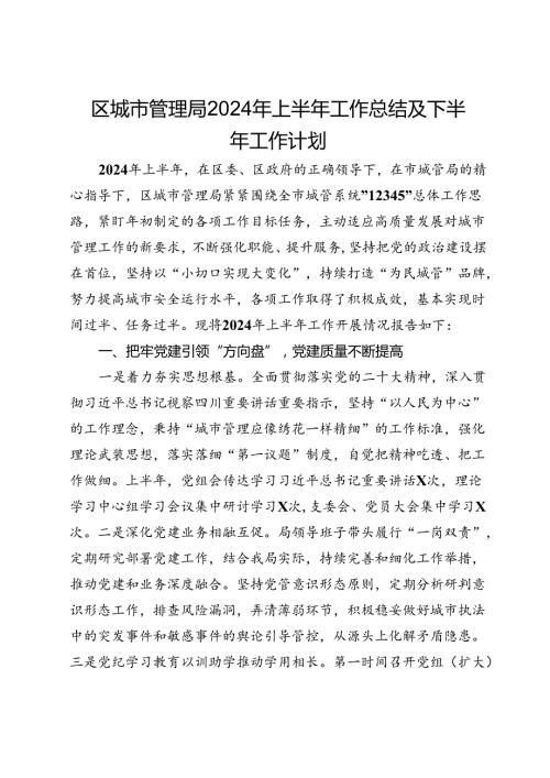 区城市管理局2024年上半年工作总结及下半年工作计划.docx