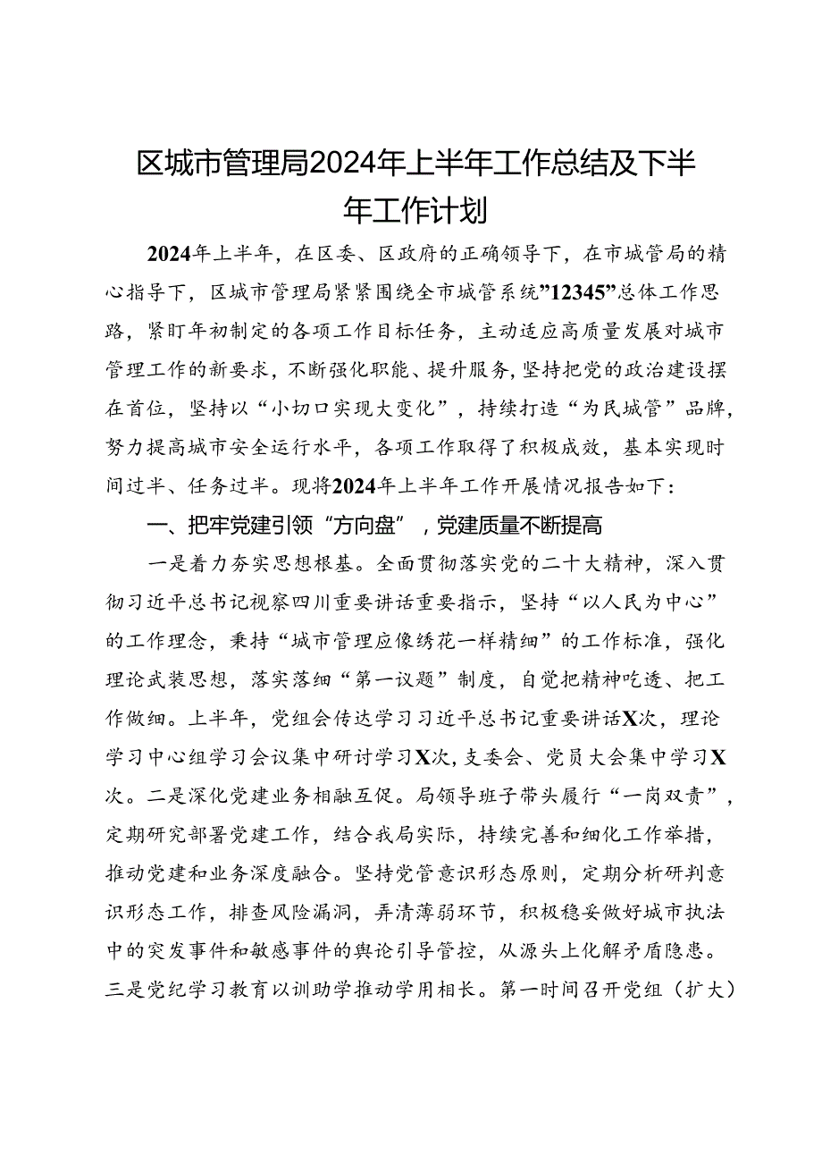 区城市管理局2024年上半年工作总结及下半年工作计划.docx_第1页