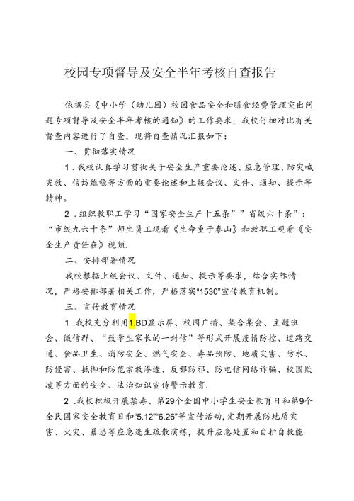 开展校园专项督导及安全半年考核自查报告.docx
