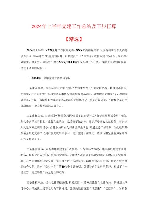2024年上半年党建工作总结及下步打算（精选）.docx