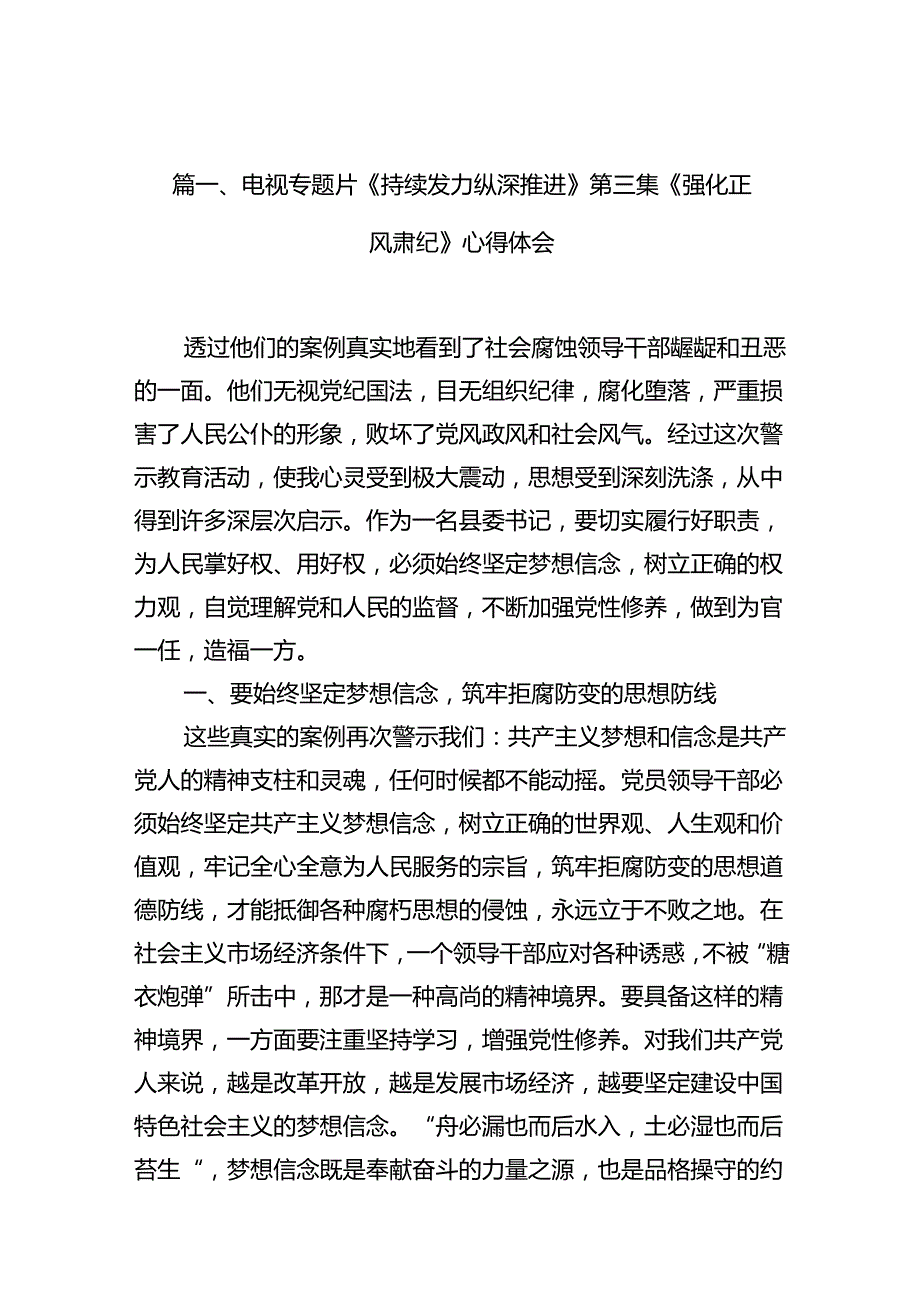 （11篇）电视专题片《持续发力纵深推进》第三集《强化正风肃纪》心得体会范文.docx_第2页