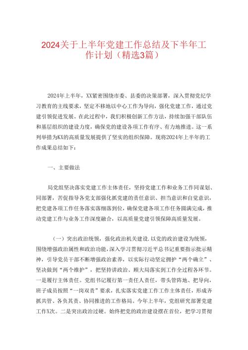 2024关于上半年党建工作总结及下半年工作计划（精选3篇）.docx