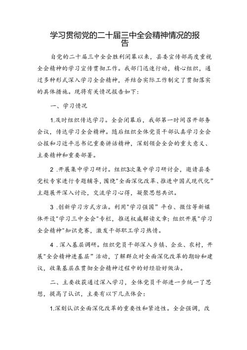学习贯彻党的二十三中全会精神情况的报告（2100字总结）.docx