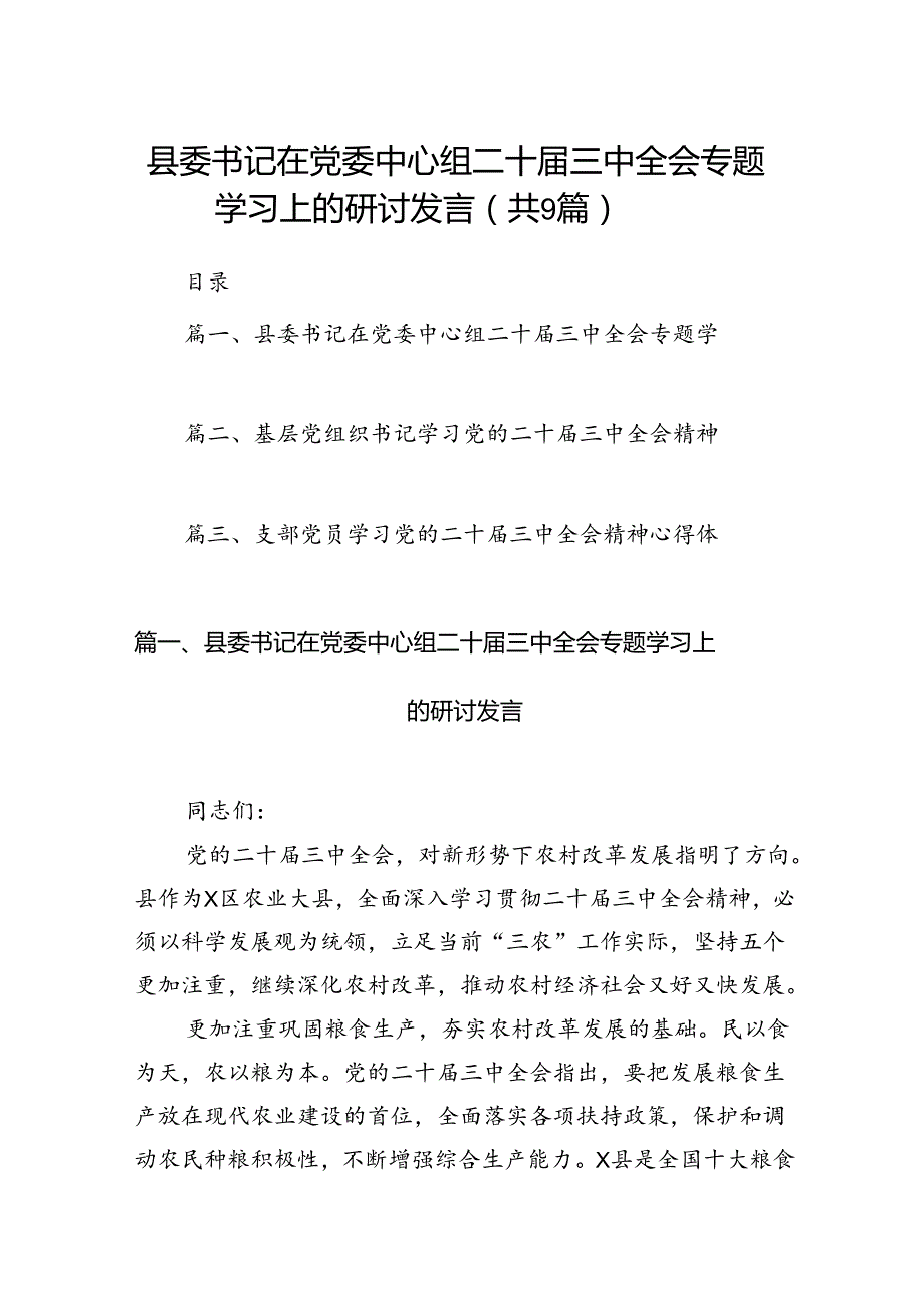 (9篇)县委书记在党委中心组二十三中全会专题学习上的研讨发言范文.docx_第1页