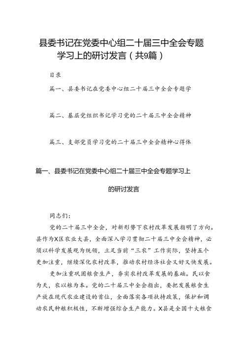 (9篇)县委书记在党委中心组二十三中全会专题学习上的研讨发言范文.docx