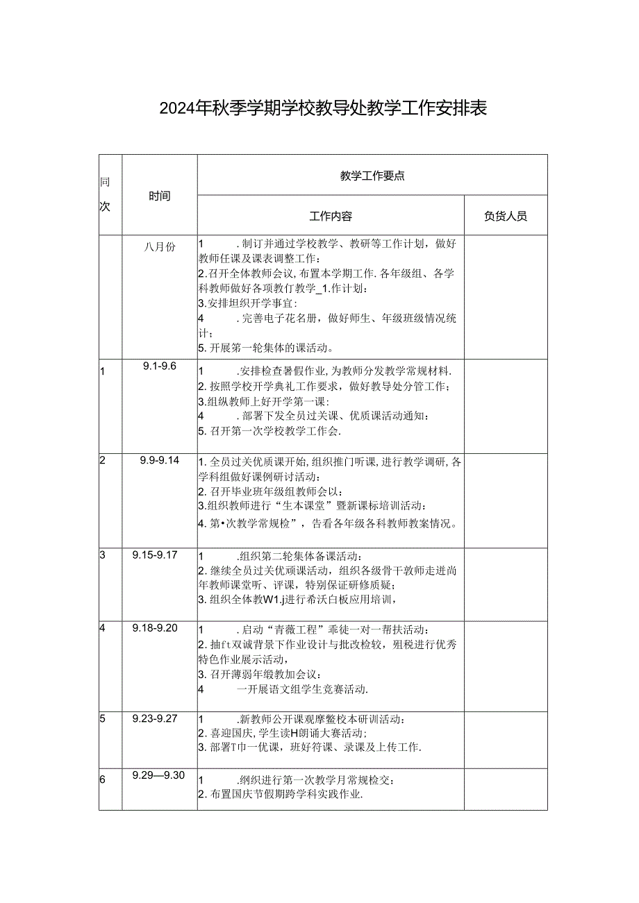 20242025学第一学期学校教导处教学工作安排表+20242025学第一学期德育主题教育活动安排.docx_第1页