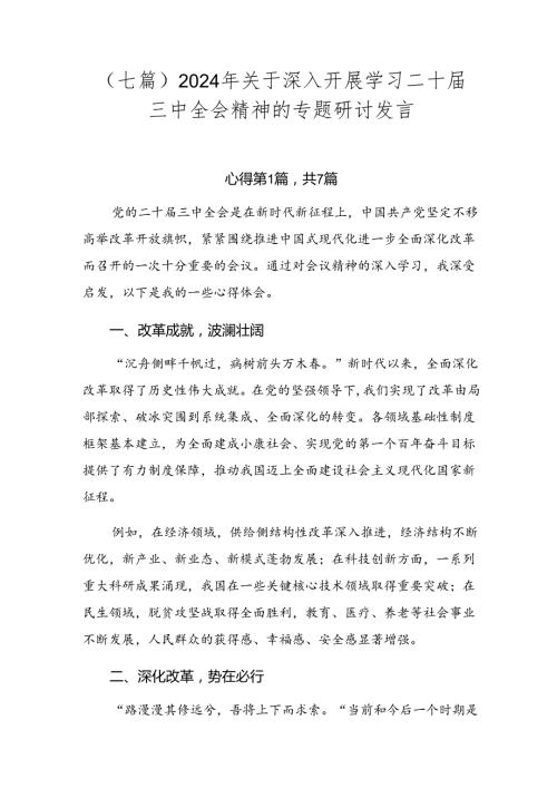 （七篇）2024年关于深入开展学习二十三中全会精神的专题研讨发言.docx