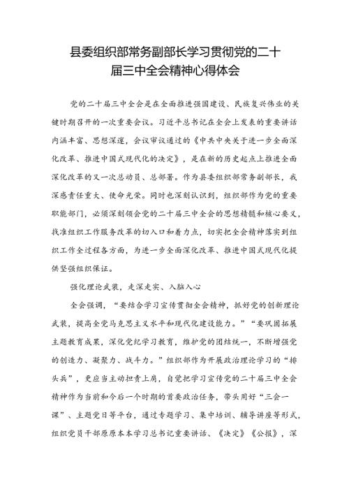 县委组织部常务副部长学习贯彻党的二十三中全会精神心得体会研讨发言.docx