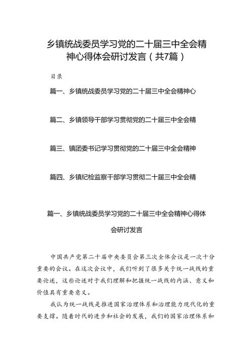 乡镇统战委员学习党的二十三中全会精神心得体会研讨发言7篇（详细版）.docx