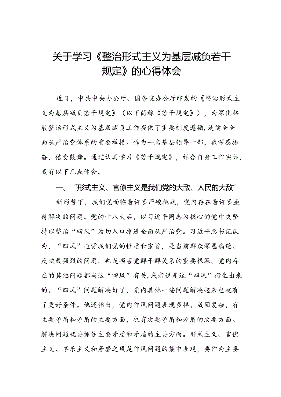 关于学习贯彻《整治形式主义为基层减负若干规定》心得体会研讨交流发言.docx_第1页