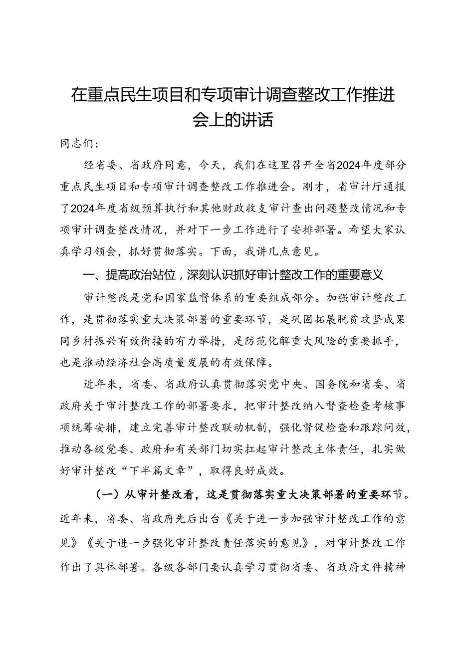 在重点民生项目和专项审计调查整改工作推进会上的讲话(2).docx_第1页