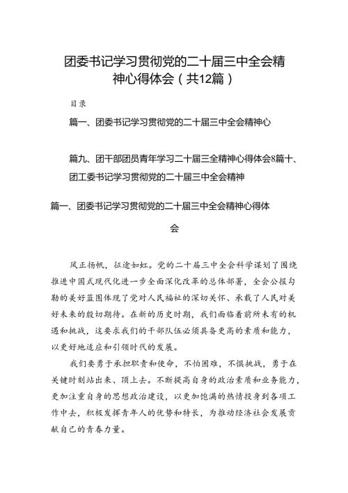 团委书记学习贯彻党的二十三中全会精神心得体会(12篇集合).docx