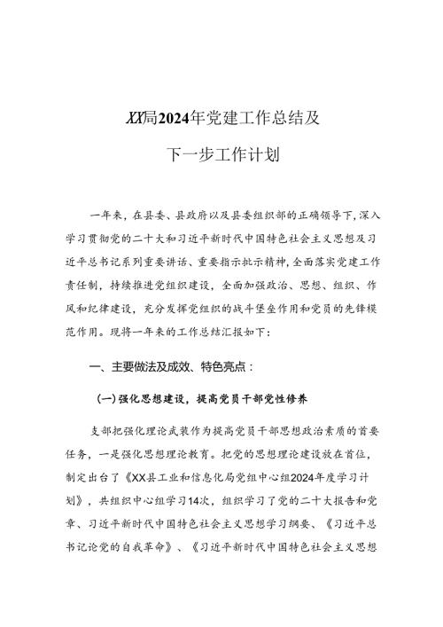 XX局2024年党建工作总结及下一步工作计划.docx