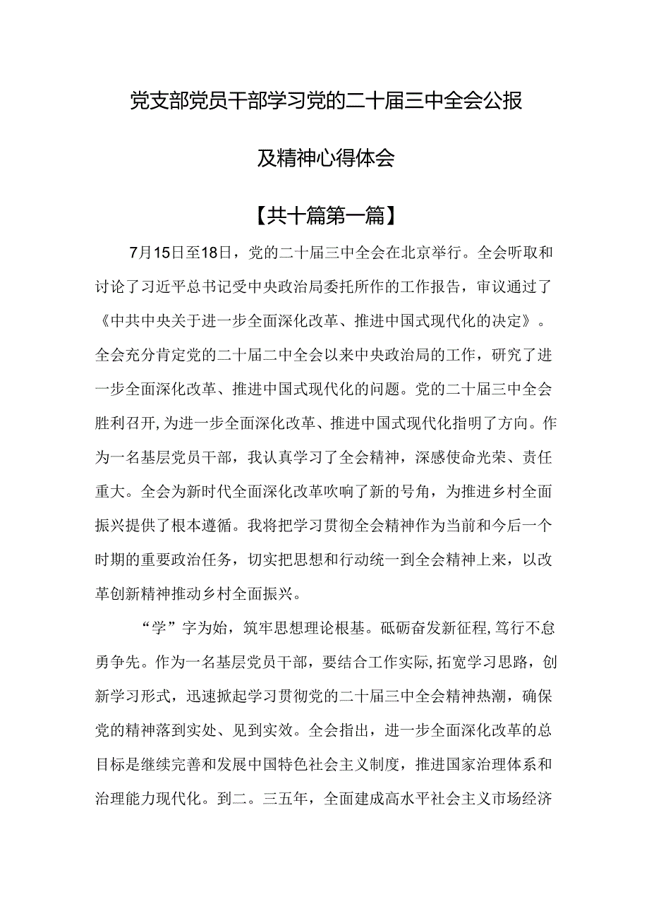 （10篇）党支部党员干部学习党的二十三中全会公报及精神心得体会.docx_第1页