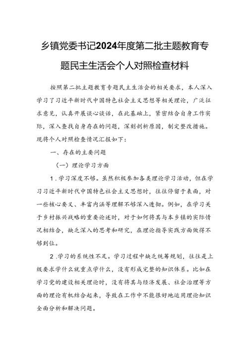乡镇党委书记2024第二批主题教育专题民主生活会个人对照检查材料.docx