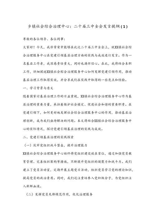 乡镇社会综合治理中心：二十三中全会发言提纲（1）.docx