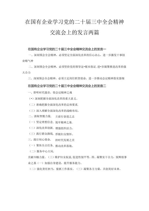 在国有企业学习党的二十三中全会精神交流会上的发言两篇精选.docx