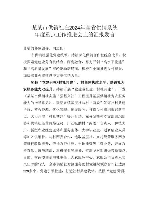 某某市供销社在2024年全省供销系统重点工作推进会上的汇报发言.docx