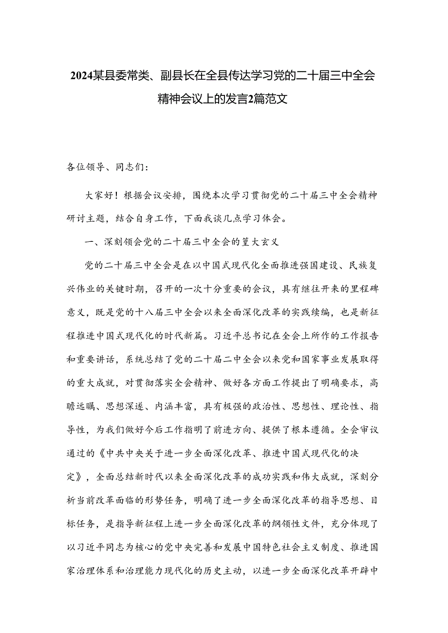 2024某县委常委、副县长在全县传达学习党的二十三中全会精神会议上的发言2篇范文.docx_第1页