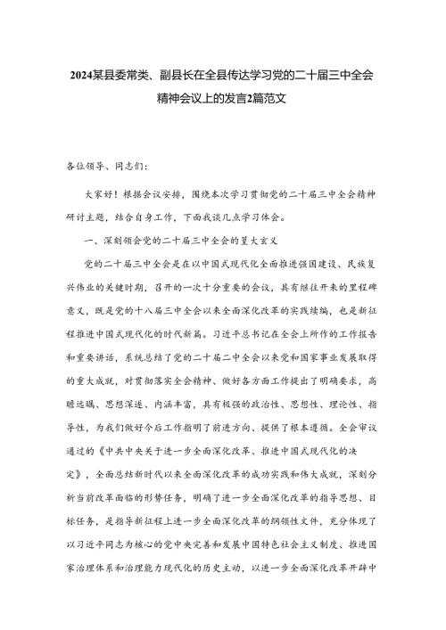 2024某县委常委、副县长在全县传达学习党的二十三中全会精神会议上的发言2篇范文.docx