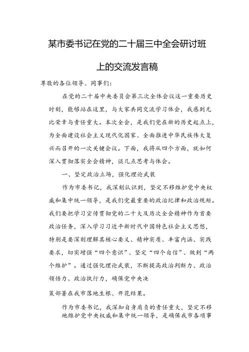某市委书记在党的二十三中全会研讨班上的交流发言稿.docx