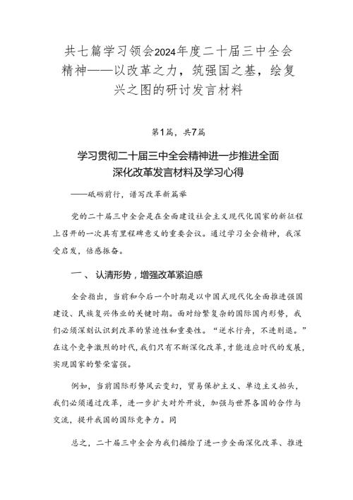 共七篇学习领会2024二十三中全会精神——以改革之力筑强国之基绘复兴之图的研讨发言材料.docx