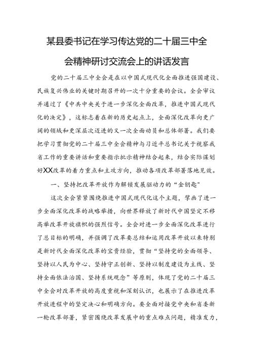 某县委书记在学习传达党的二十三中全会精神研讨交流会上的讲话发言.docx